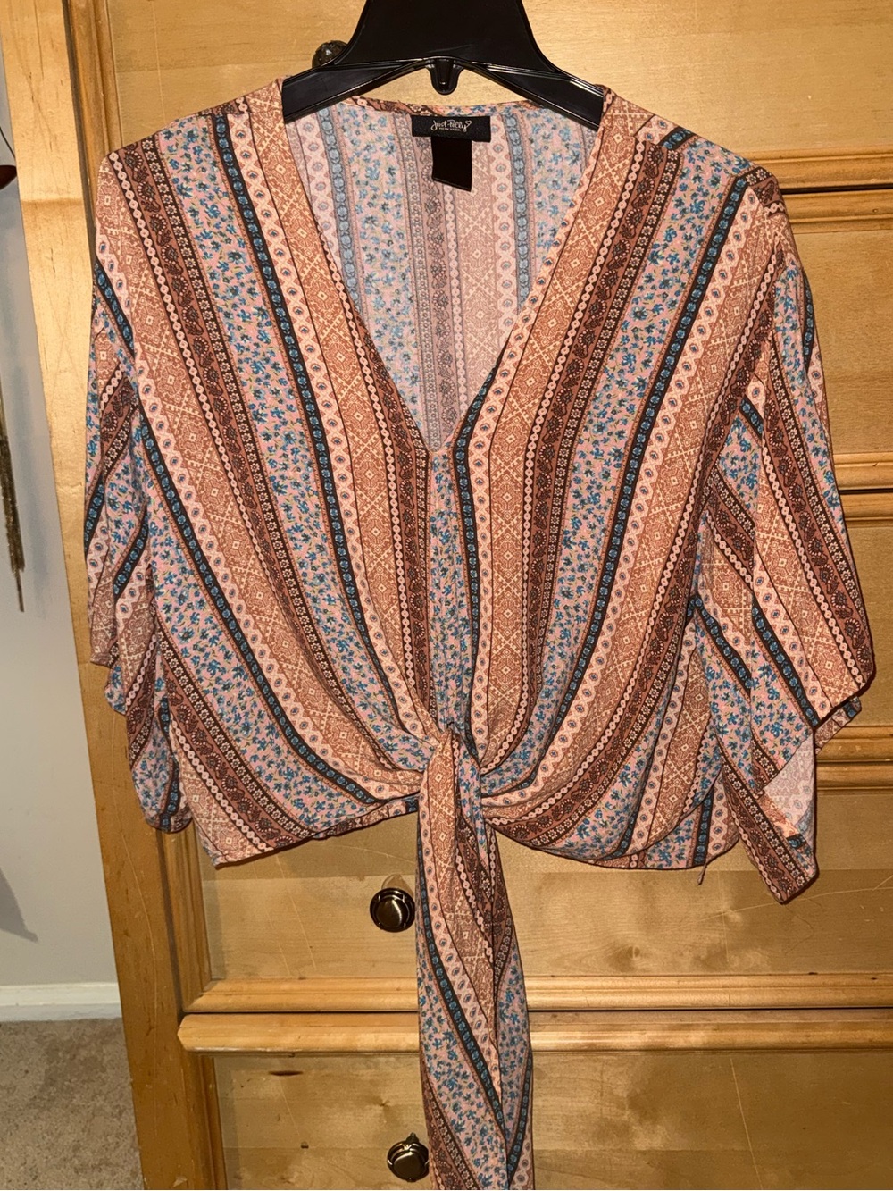 BohemianTie-Front Blouse in light rust and Blue